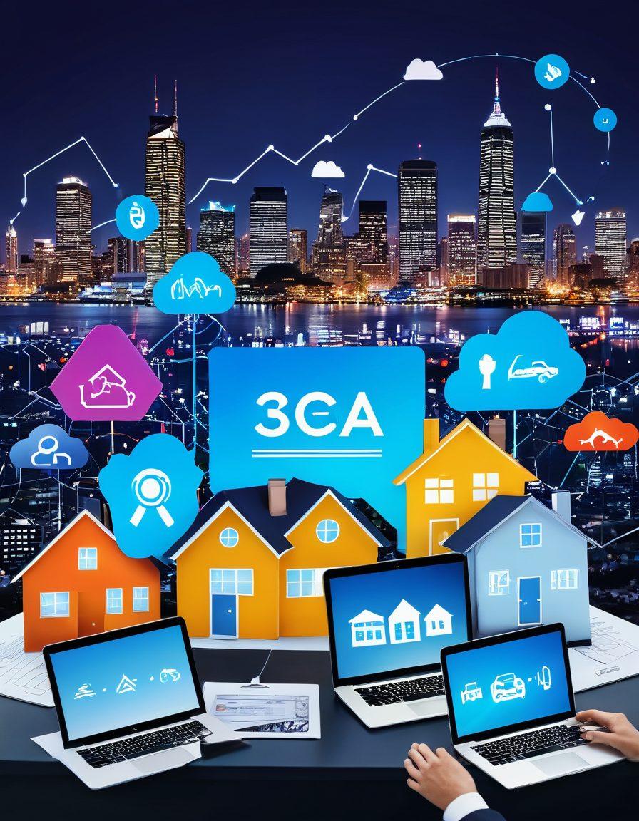 A collage of different insurance symbols like a house, car, and health icons interconnected by a digital network, representing online solutions. Includes diverse people consulting laptops and tablets, with charts and graphs displaying data. The background features a modern city skyline, indicating progress and innovation in insurance. Bright and inviting color palette to evoke trust and security. super-realistic. vibrant colors. 3D.