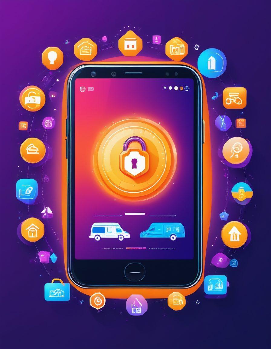 A visually striking illustration of a digital lock being opened to reveal a colorful array of insurance icons like health, car, and home insurance, represented as digital devices with screens showing their benefits. Include a clear symbol of affordability such as discount tags or coins floating around. The background should be a sleek blend of technology-themed graphics, with a hint of a friendly and approachable tone. vibrant colors. flat design. high contrast.