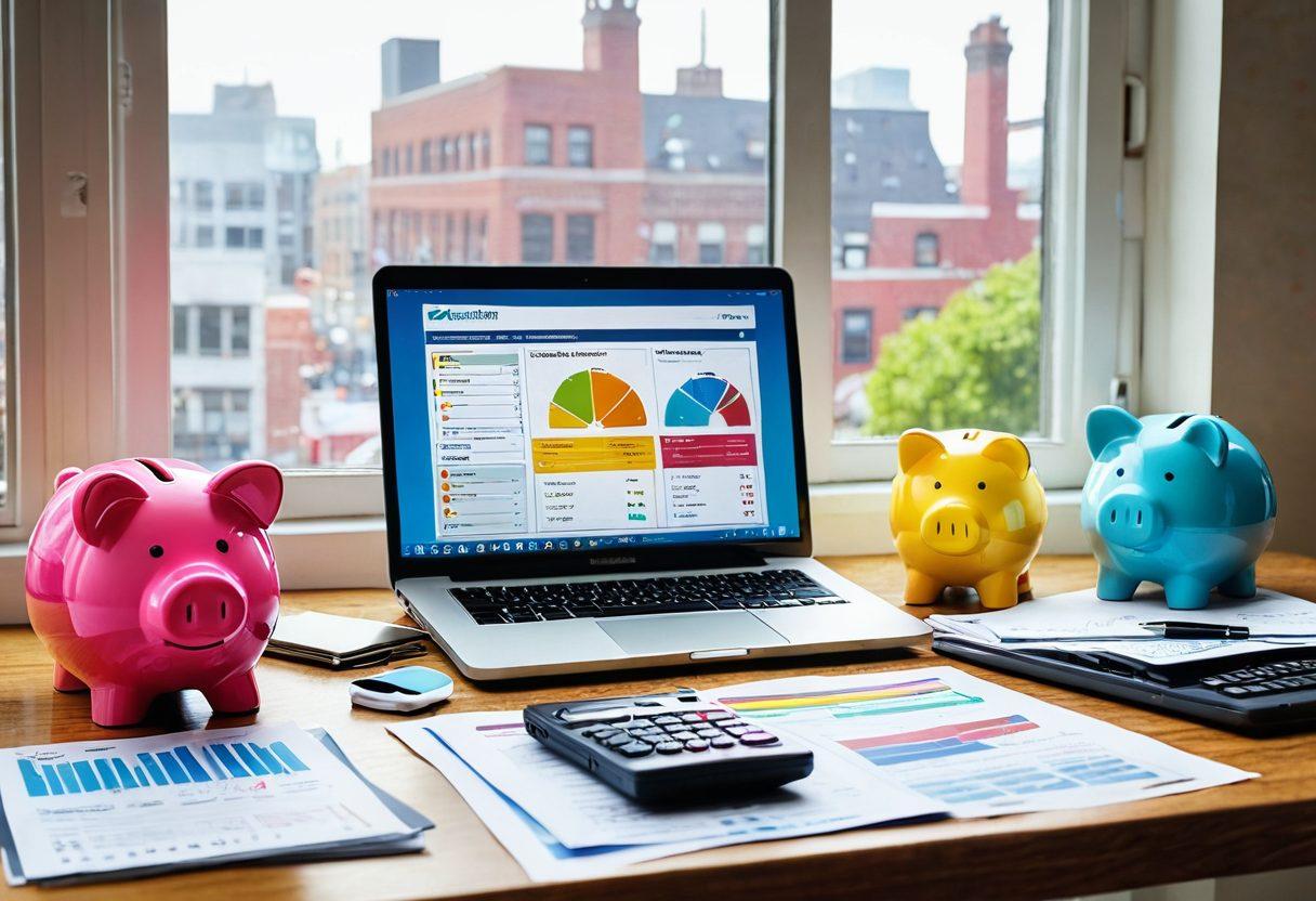 A person sitting at a desk surrounded by insurance papers, calculators, and a laptop displaying comparison charts. Brightly colored piggy banks are strategically placed on the desk, symbolizing savings. A window in the background shows a sunny day to evoke positivity. Infographics floating around showcasing savings tips like 'shop around' and 'bundle policies'. super-realistic. vibrant colors. 3D.